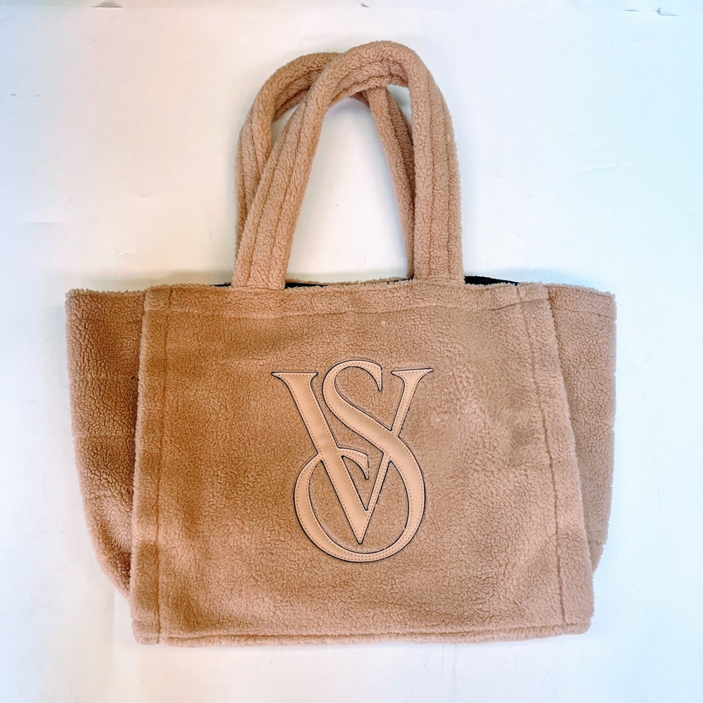 Victoria's Secret Sherpa Fleece Tote Bag Camel Teddy Logo Oversized Carryall